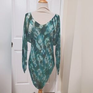 Designer Boho Silk Tye Dye Blue Green Mini Long Sleeve Tunic Women's Size Large